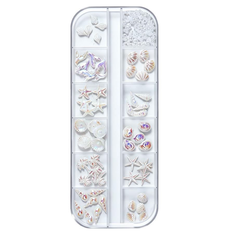 12 Grids Aurora Iridescent Nail Charms Ocean Theme 3D Shell Starfish Mermaid Beads, Nail Jewelry Decorations for Nail Art Manicure