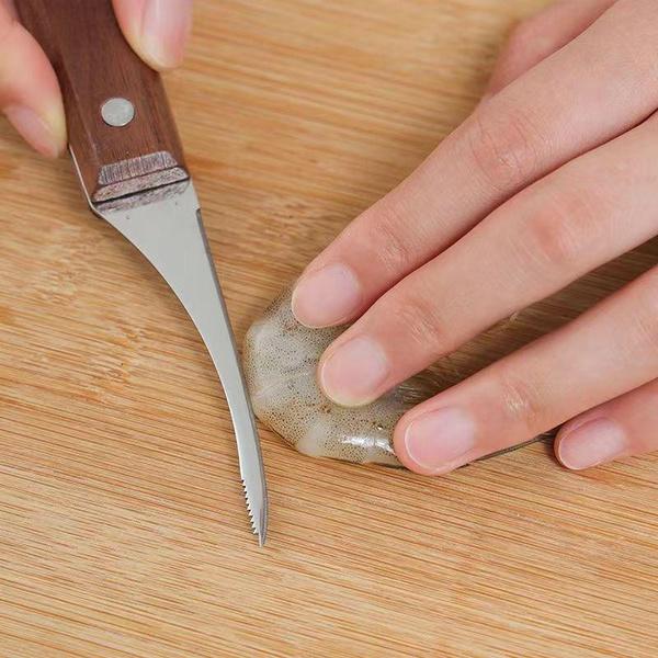 2 peças de faca de camarão de aço inoxidável com cabo de madeira ferramenta de descascamento de camarão utensílios de cozinha domésticos