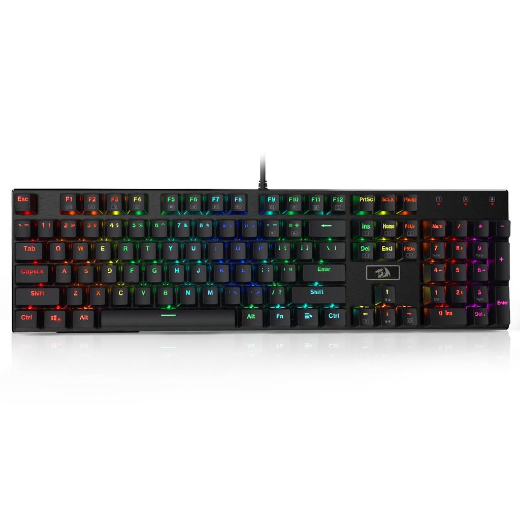 Redragon K556 RGB LED cu iluminare din spate, cu fir, mecanice pentru jocuri mecanice, prizele modernizate din aluminiu și tastatură moale, tactilă maro, comutatoare cu 104 taste.