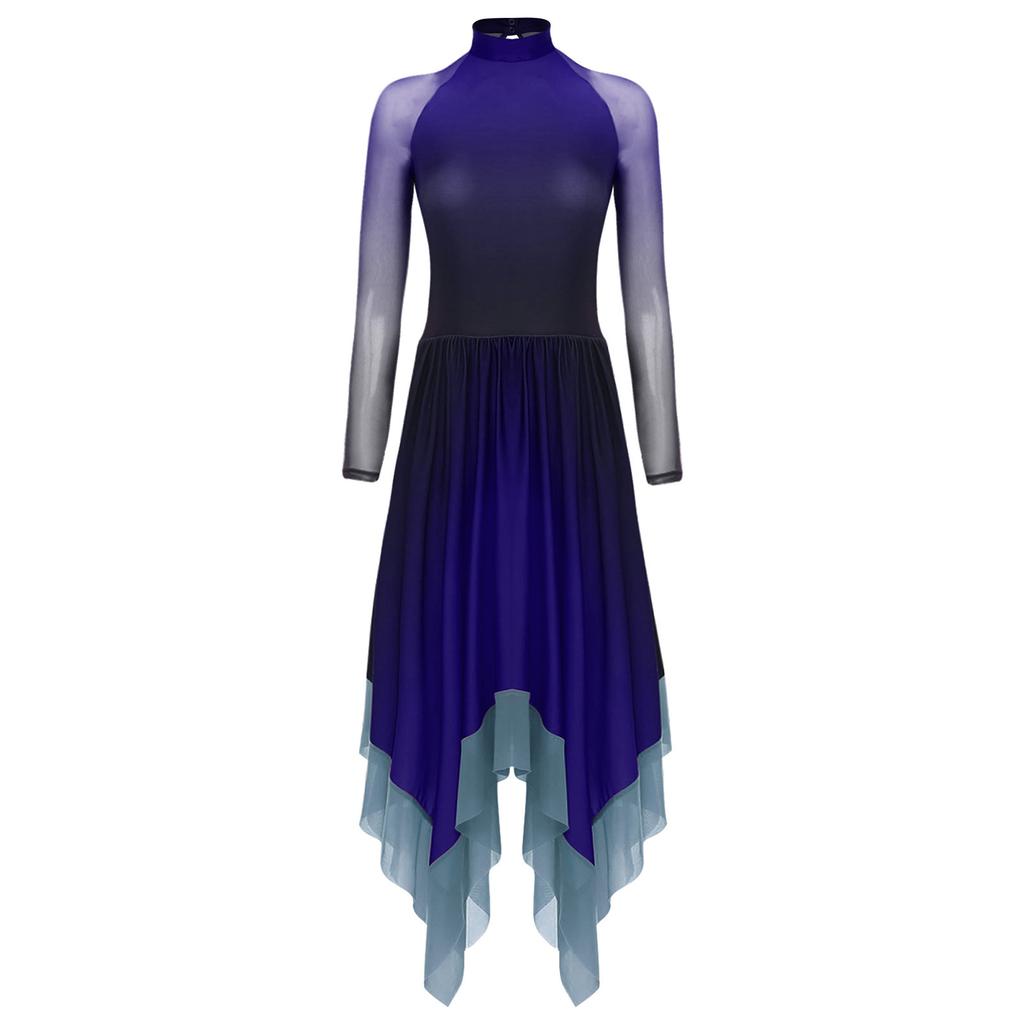 Womens Lyrical Dance Gradient Dress Mesh Long Sleeve Irregular Hem Back Keyhole Leotard Figure Skating Modern Costume