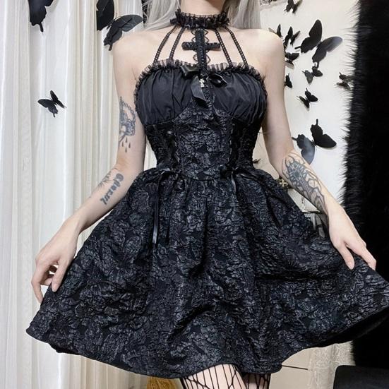 Women's Sleeveless Gothic Lace Dress Vintage Corset Halter Swing Cocktail Dress Victorian Style Black Lolita Punk Dress