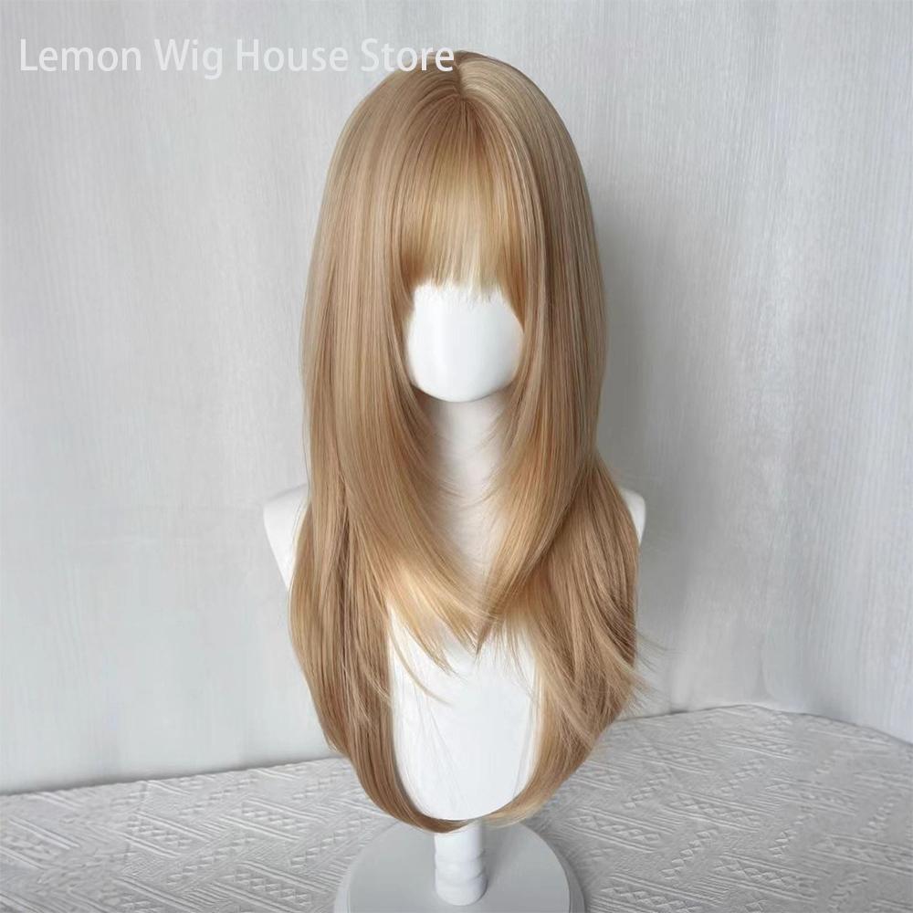 Flax Gold Synthetic Wig with Bangs Long Straight Hair High-Layered Lolita Wigs for Women's Daily Cosplay Wig Heat Resistant