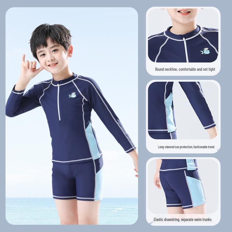 Boys' Cartoon Two-Piece Long Sleeve Swimsuit – S, M, L Sizes, Sun Protection, Quick-Dry Summer Swimwear.