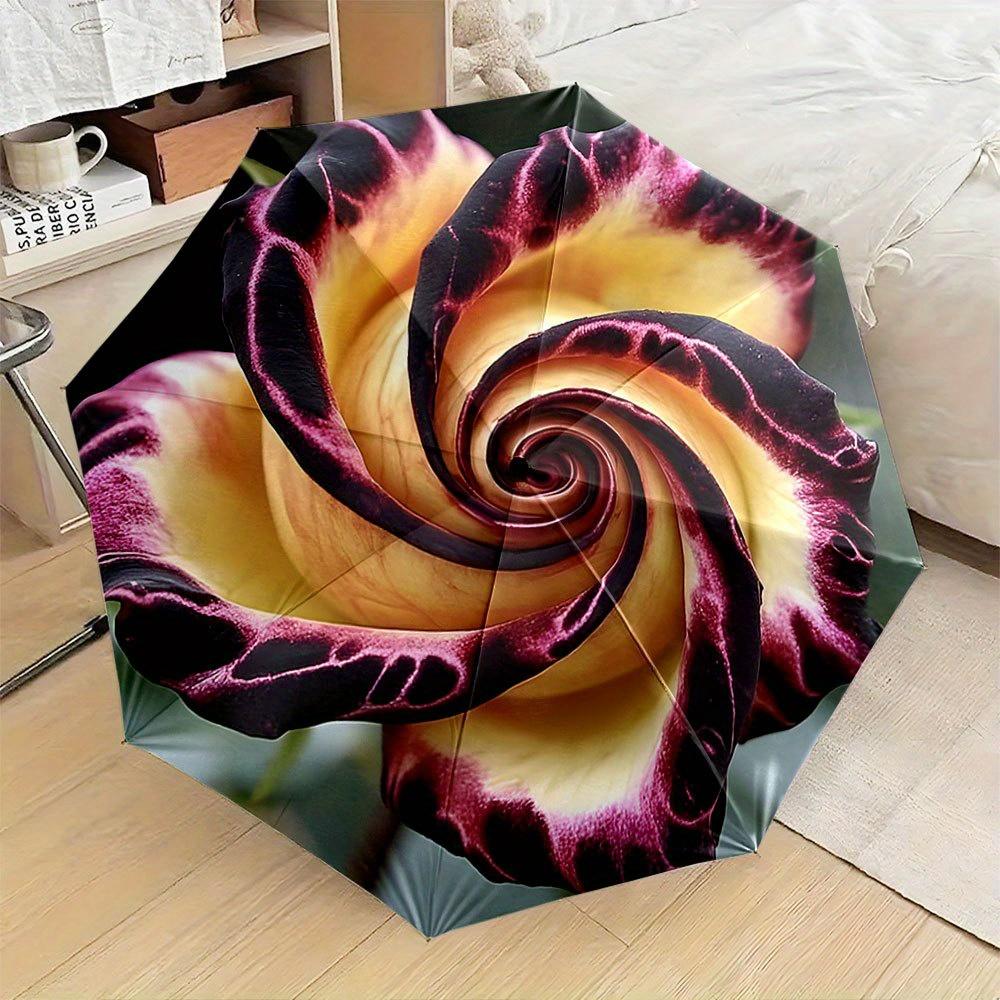 

This Is an Automatic Folding Umbrella Adorned with a Swirling Rose Blossom Design. It Has a Compact, Collapsible Structure, Ma Iron&8K