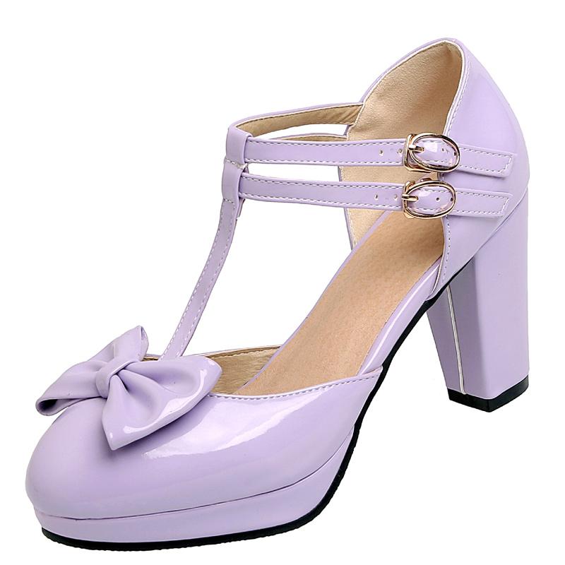 Blockklack Mary Janes Skor Dam Sandaler Söt Rosettgul Röd Rosa Vit Klack Bröllopsskor Dam Pumps Stor Storlek