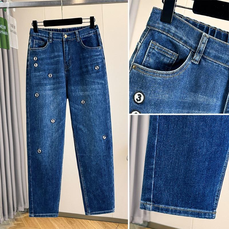 DIMANAF 2026 Autumn Winter New Plus Size Women Loose Fit Denim Pants Embroidery Decorated Blue