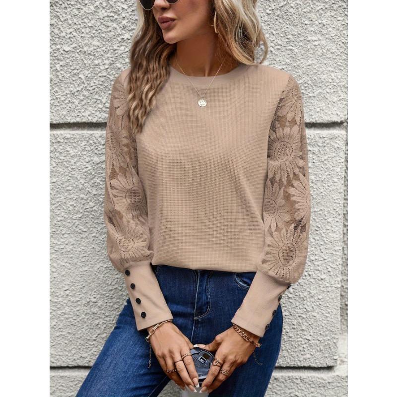 Autumn Solid Color Long Sleeved Embroidered Lace Patchwork Waffle Round Neck Top T Shirt