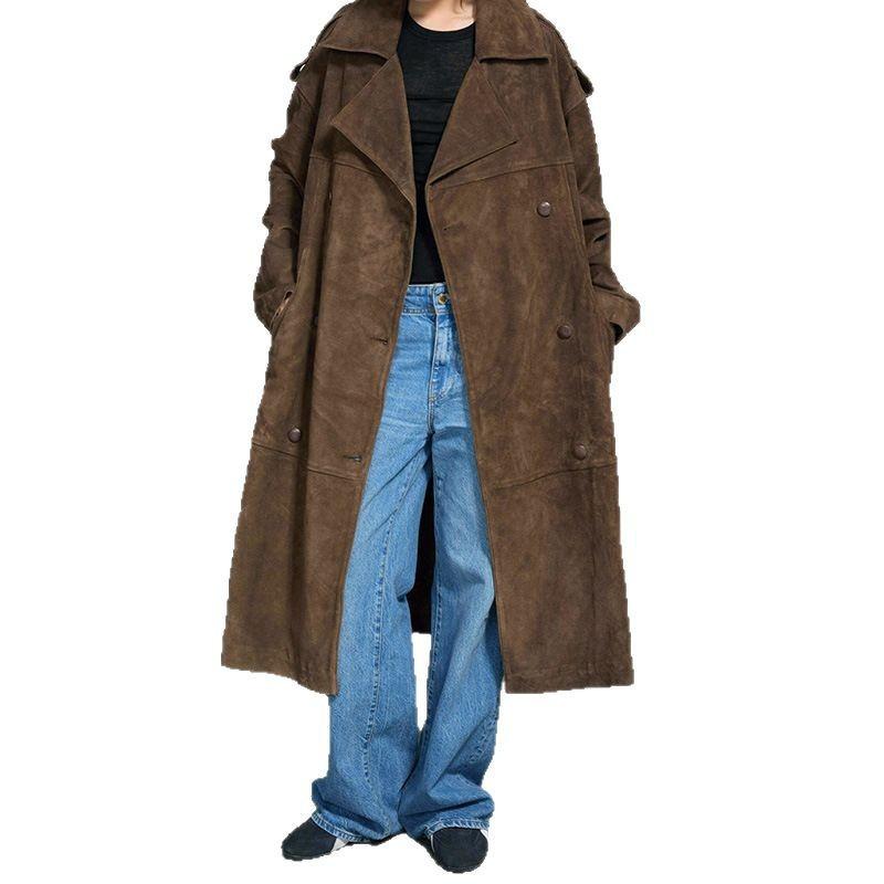 Brauner Wildleder Langmantel Damen Lockerer Schnitt Revers mit Kerbe Business Casual Trenchcoat