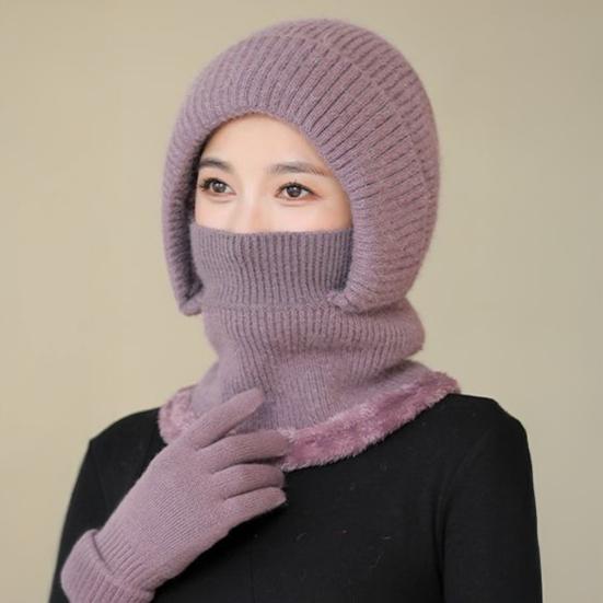 Gestrickte Wollmütze mit Schnürung zur Anpassung, Samtfutter, Gesichts- und Nackenschutz, Reitkopfbedeckung, Winterwärmemütze