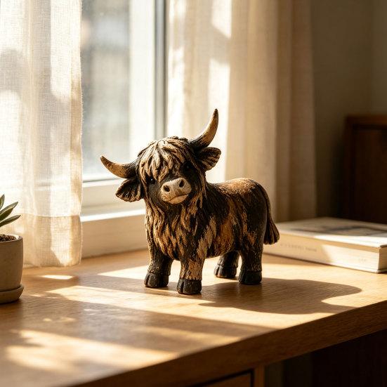 Warm Rustic Interior Ornaments Farmhouse Highland Cow Figurine, Resin Scottish Bull Statue, Durable Sculpture for Office Tabletop Ornament,