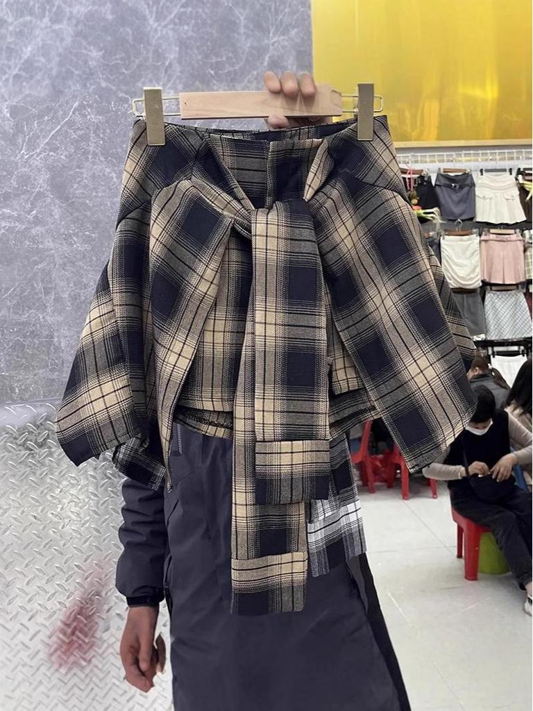 Stylish 2025 Women's Plaid Midi Skirt: Tie-Up, Irregular Hem, High Waist, Slimming Design