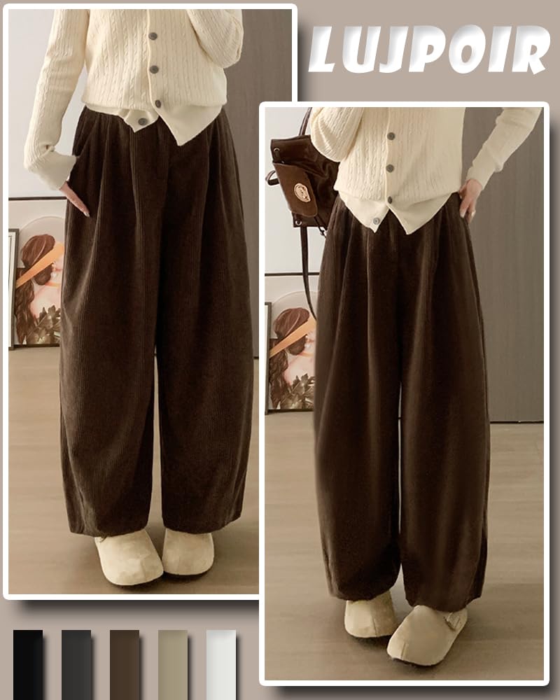 LUJPOIR Corduroy Perfect for Fall and Winter Solid Loose Casual Bottoms Women's Wide-Leg Pants, Commuting, Warm, Thick, Color, Flattering, Fit, -