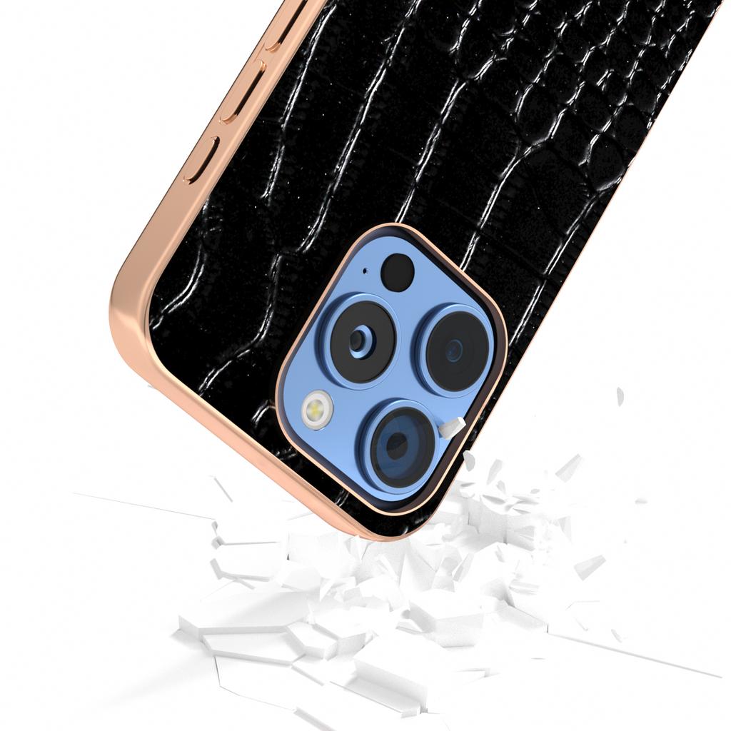 ABEEL For iPhone 16 Pro Max Case Electroplating Edge Crocodile Texture Genuine Cow Leather Back Phone Cover