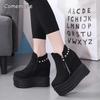 13CM Wedge High Heel Ankle Boots Platform Chunky Sole Rivet Fashion Women's Shoes Height Increasing Black Boots for Gothic Style