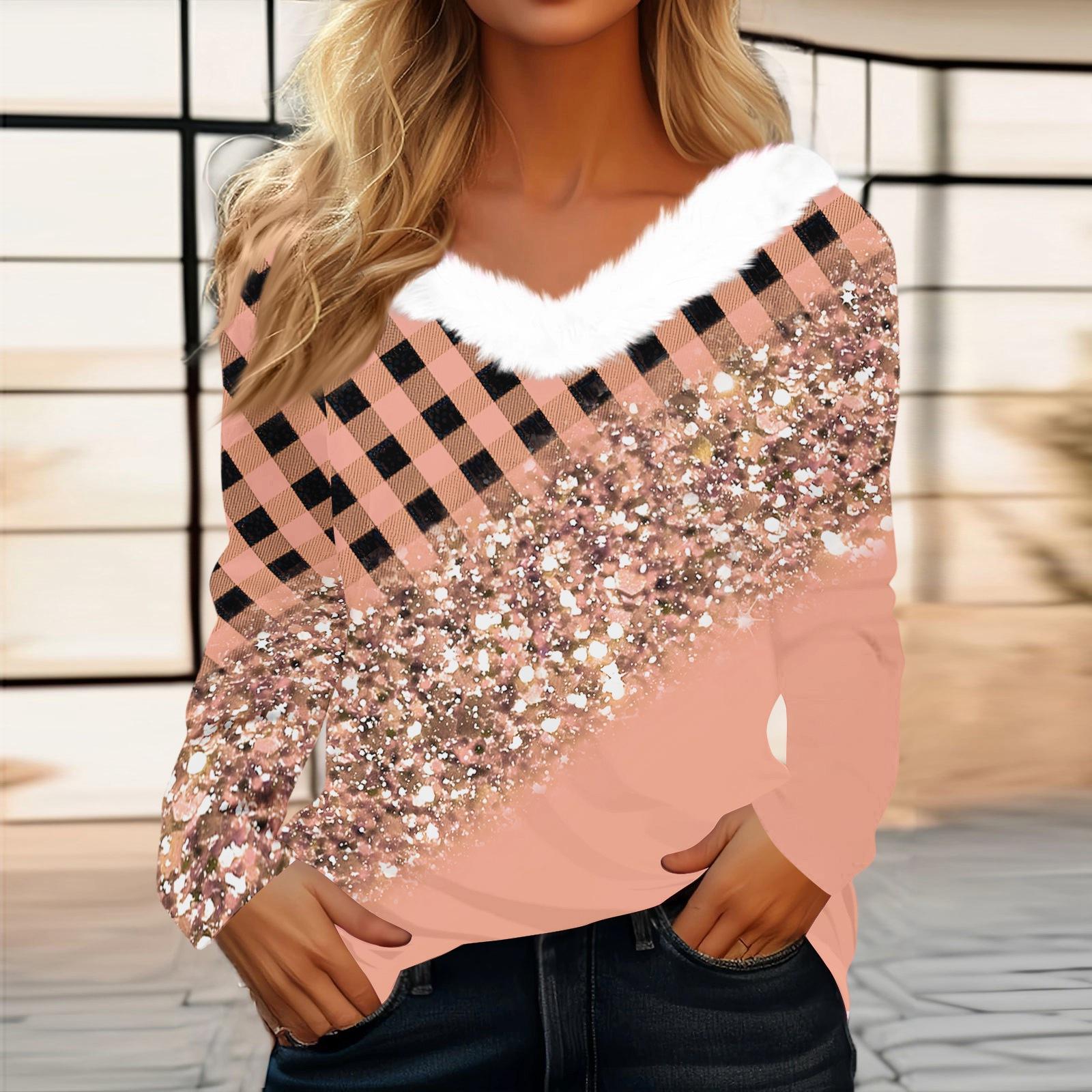 

Women s Fashion Long Sleeve Plaid Print Fleece Collar V-Neck Top L