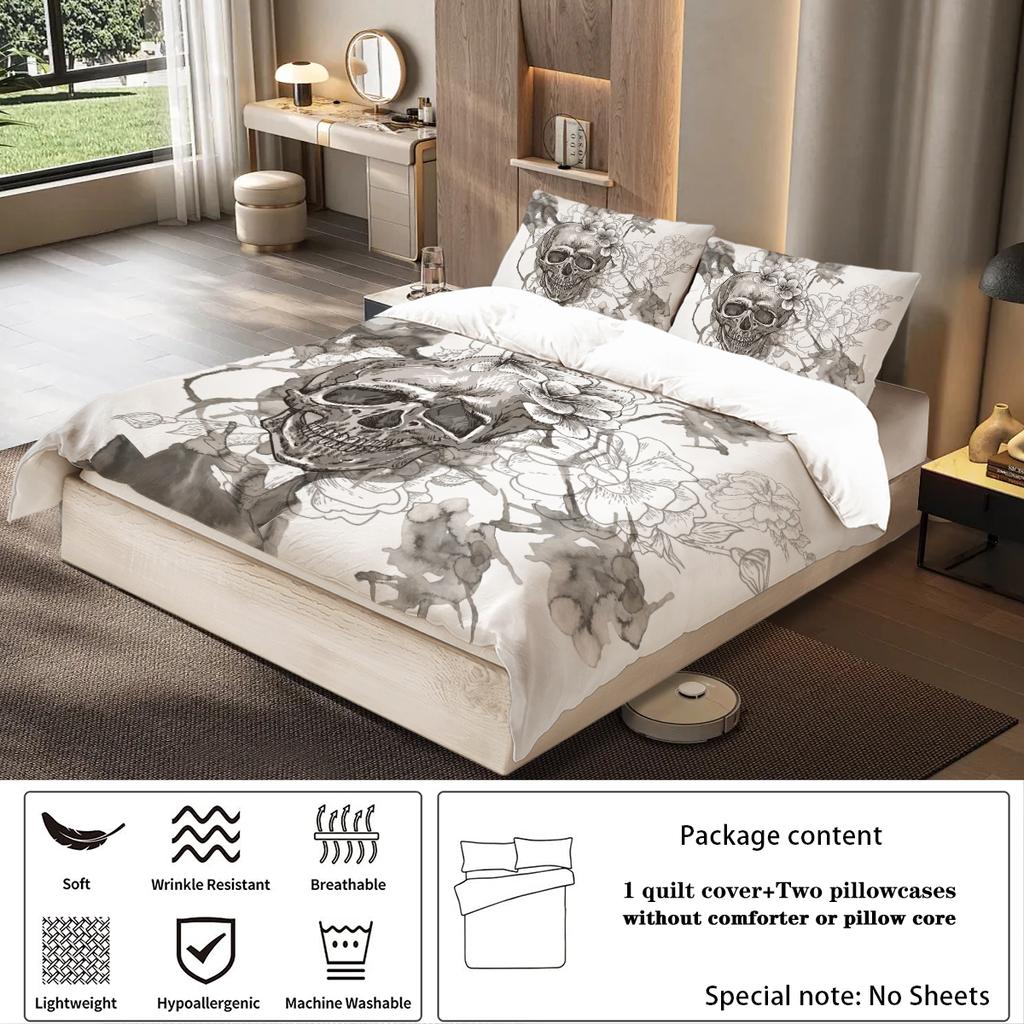 3-Piece Down Duvet Cover (1 Down Duvet Cover+2 Pillowcases No Core) Skull And Flower Head Digital Printed Bedding Soft Warm