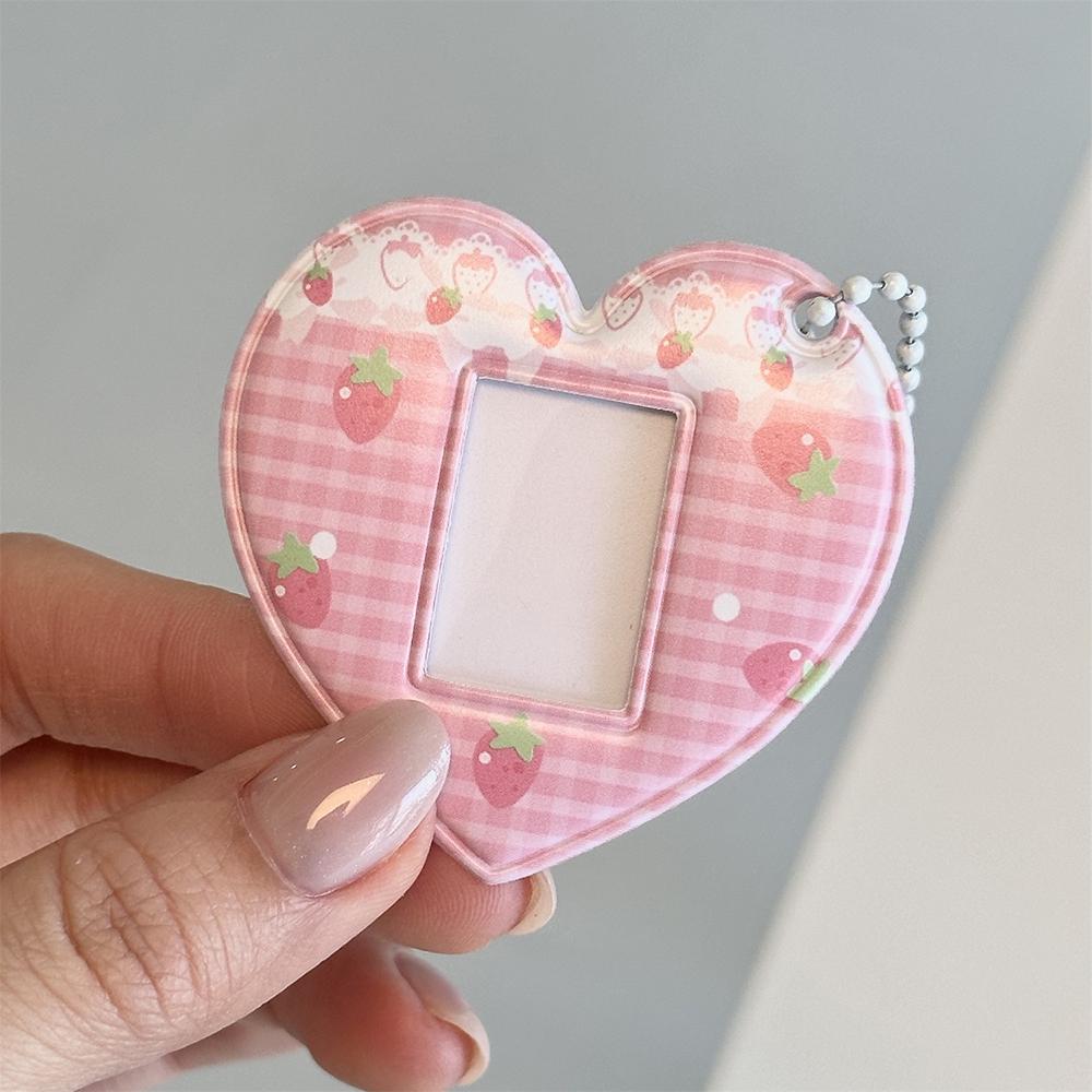 

Pink grid strawberry love card holder, 1-inch ID photo bag pendant headband card holder, couple keychain рожевий