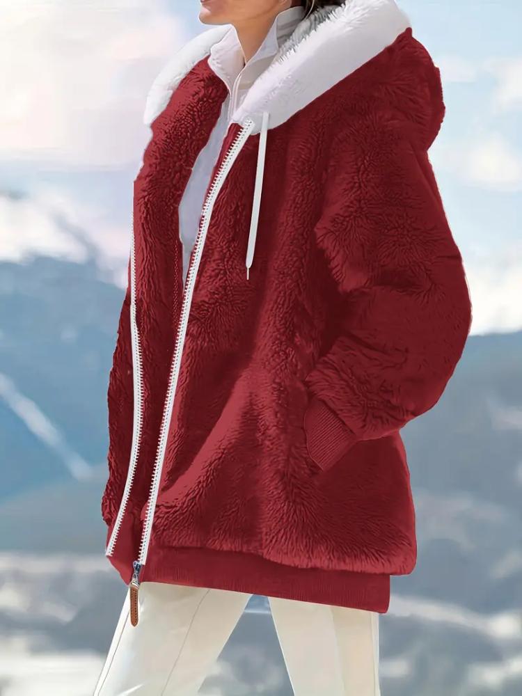

Женская плюшевая куртка с капюшоном из искусственного меха - Свободное пальто в стиле колор-блок, Зимнее тепло с длинными рукавами, Женские зимние пальто, Машинная стирка 5XL красный