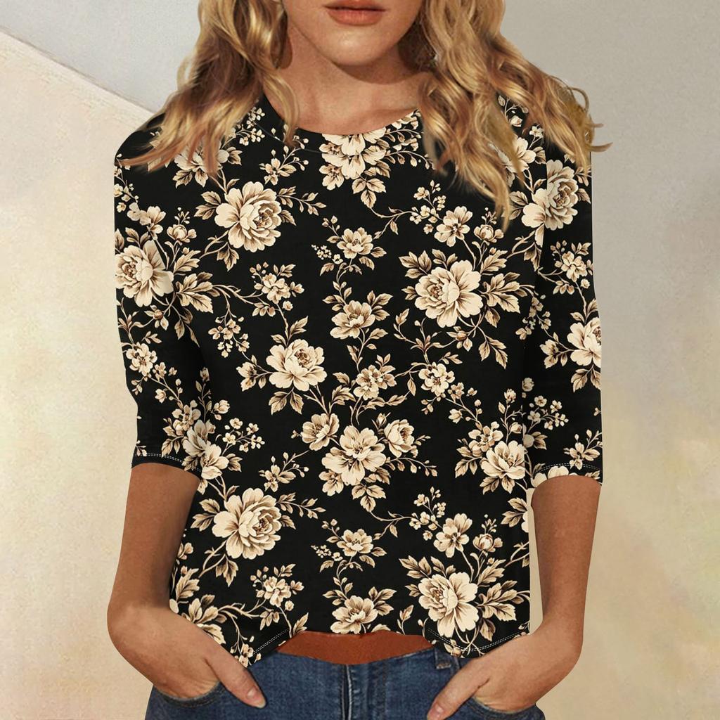 Women's Casual Floral Print Three Quarter Sleeve Top Round Neck Lightweight Comfortable Fit for Everyday Wear