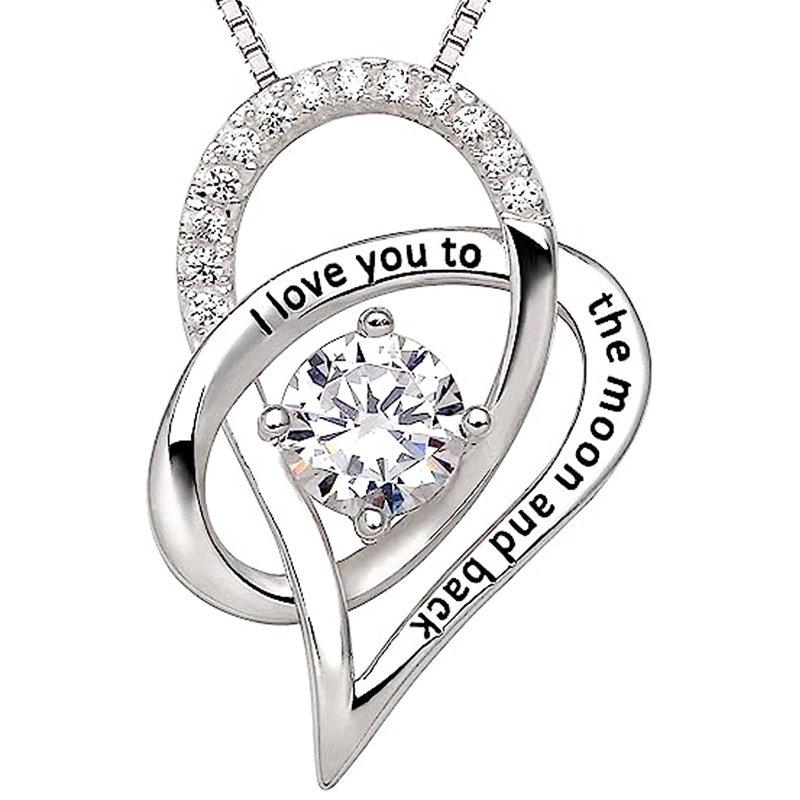 I Love You to the Moon and Back  Engraved Crystal Pendant Necklace for Women, Sentimental Heart Jewelry Gift