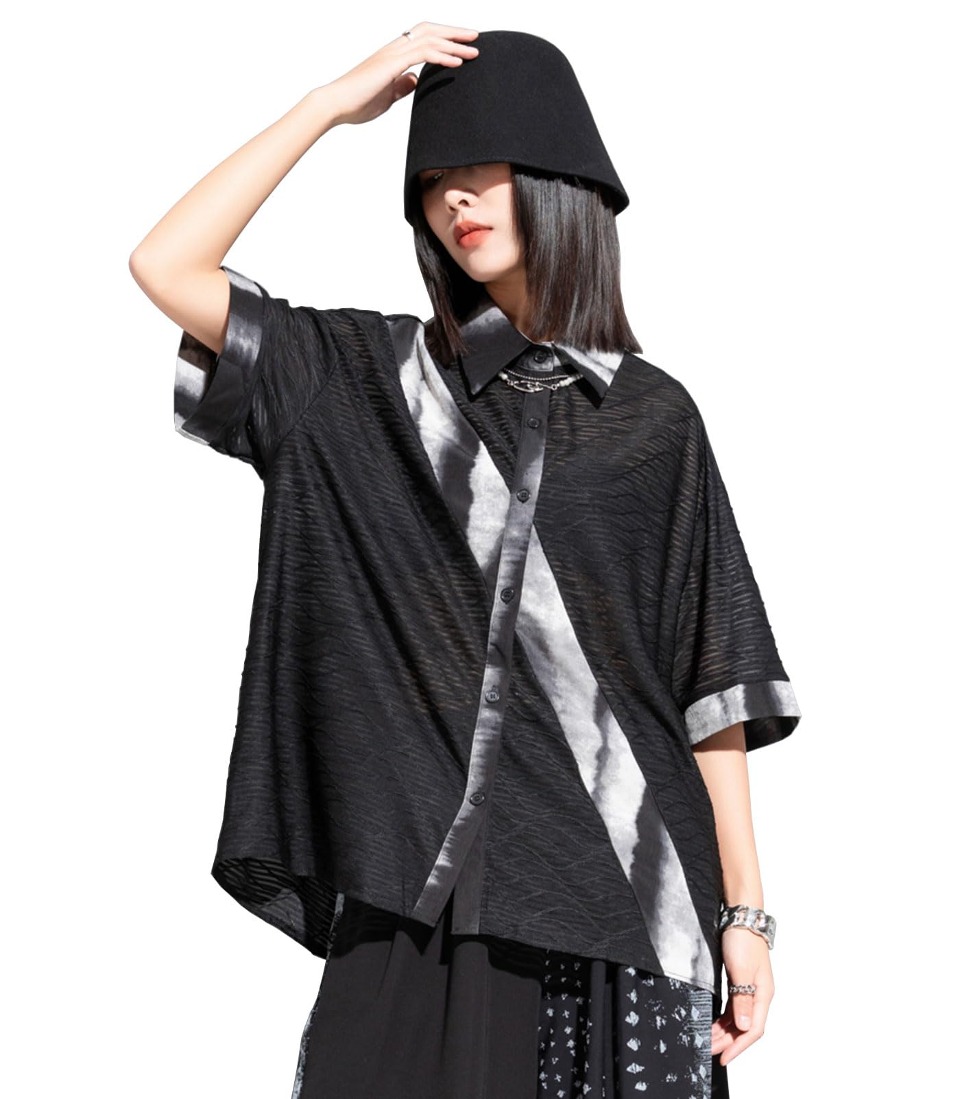 

Morinow Short Sleeve Shirt for Men and Mixed Material Loose Summer Women, Sheer, Docking, Fit, Breathable, Unisex, Unique, Fashionable, (L, Black)