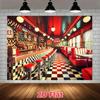 2D retro amerikanisches Restaurant Wand - 1950er Jahre Stil Polyester Stoff Fotohintergrundtuch, mit kariertem Boden und Neonschildern