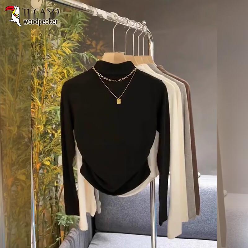 Woodpecker Women's Autumn Mock Neck Pleated Long-Sleeve T-Shirt
