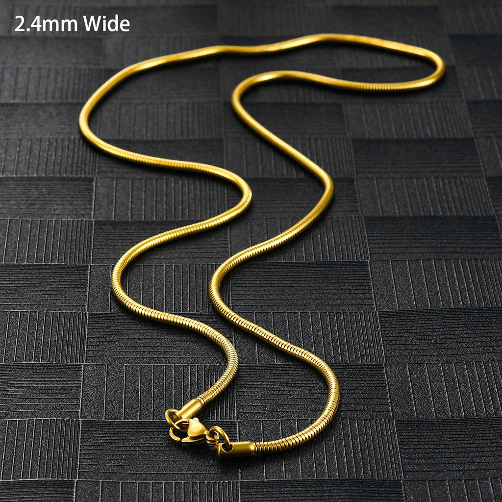 Classic Round Snake Bone Chain Stainless Steel Rolo Necklace for Women and Men Silver and Gold Color Plated Choker Metal Jewelry