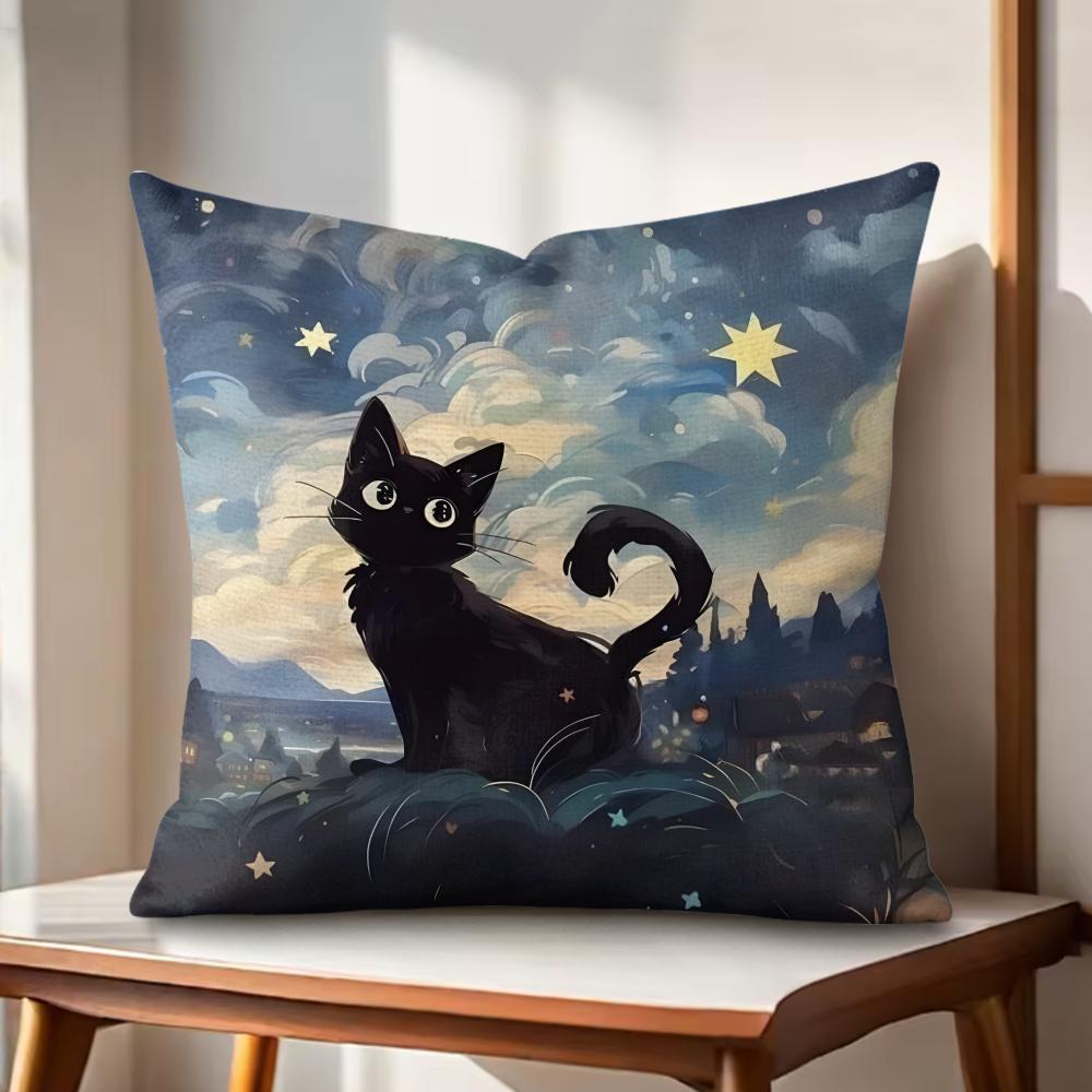 Classic Black Cat Cushion Cover Natural Linen Organic Fabric DoubleSided Printing Couch Pillow Covers Home Decor