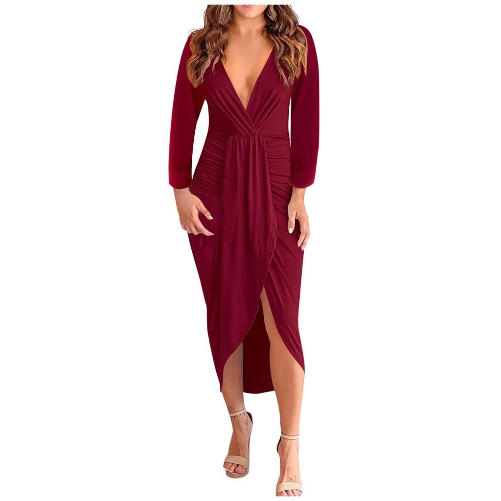 Womens Temperament Color V-Neck Pleated Hip Slit Long Sleeve Dress