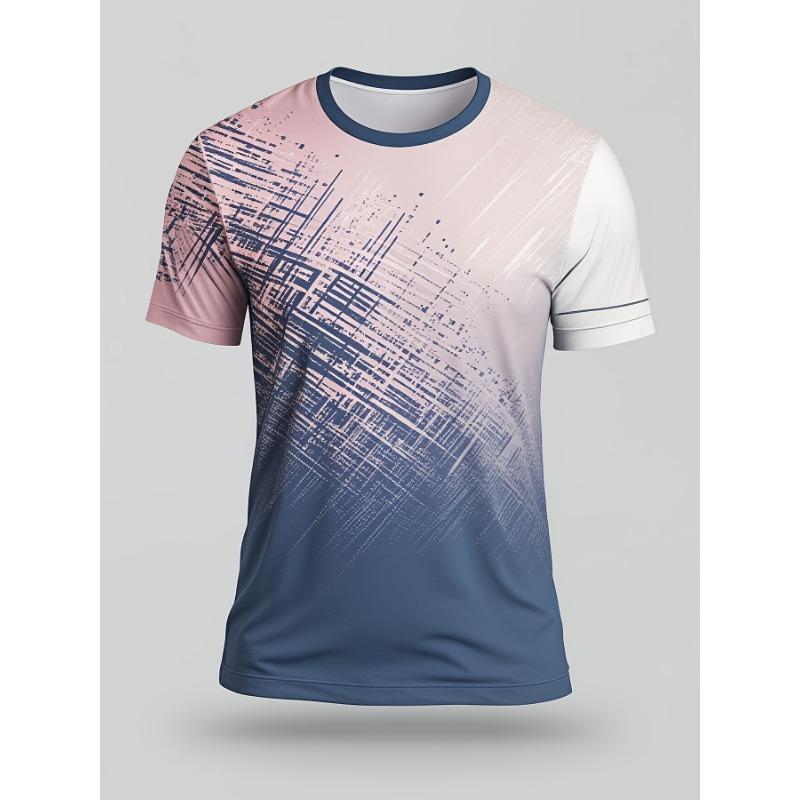 Casual Short-sleeved T-shirt in Pink and Blue Gradient Colors with Abstract Line Design S