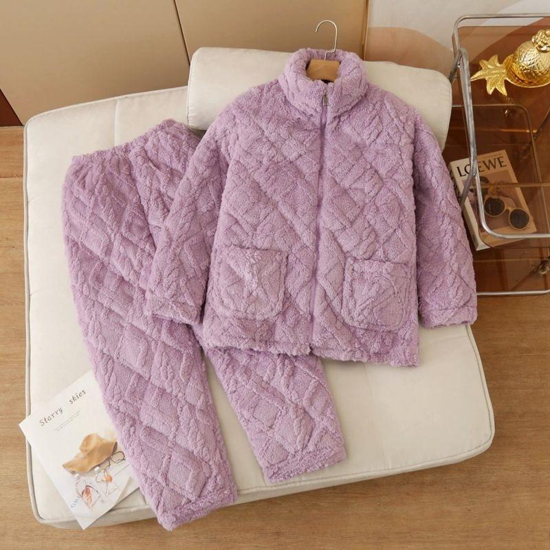 Thickened pajamas women's winter three-layer coral fleece padded cotton can be worn outside, plus sweet loungewear set