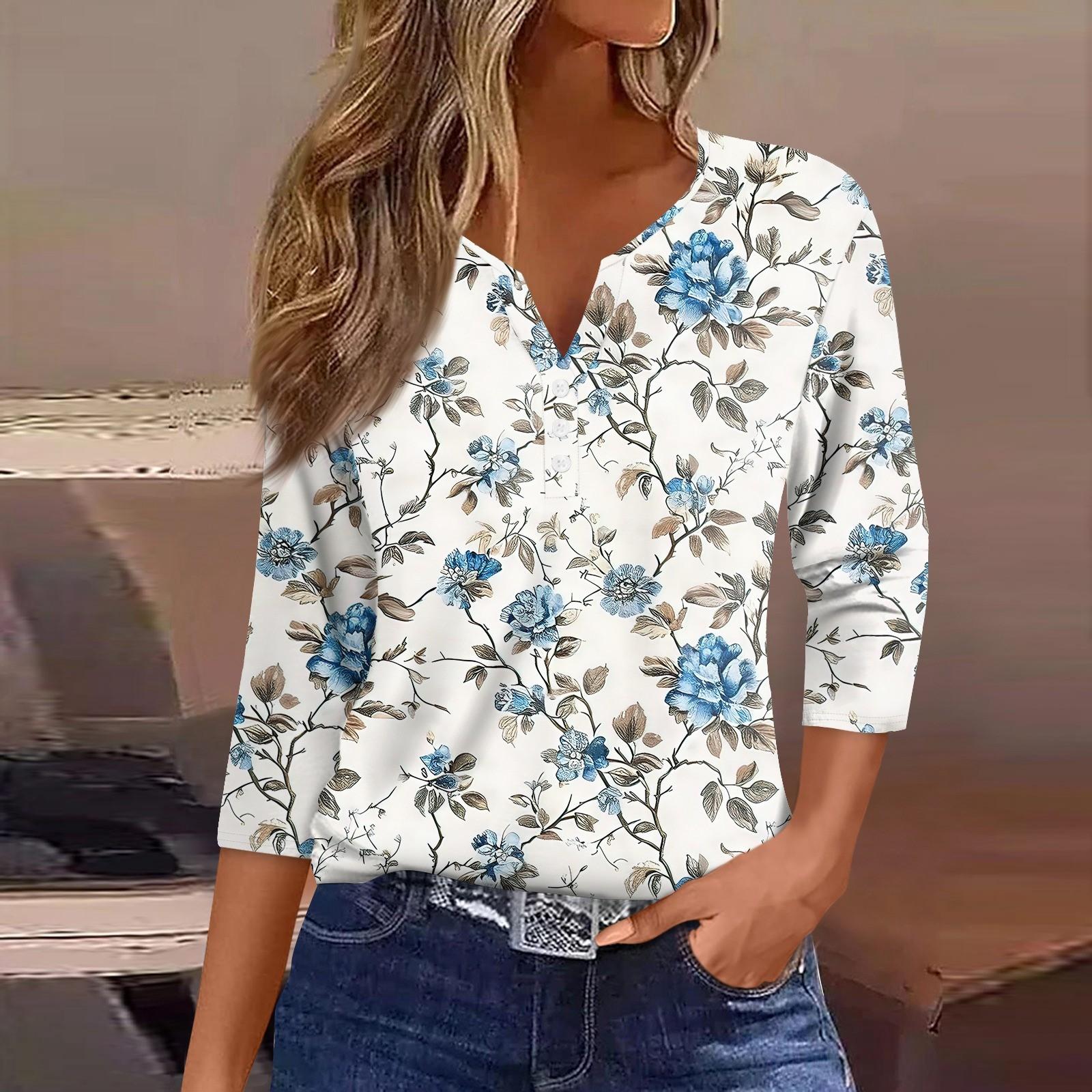 

Жен. Футболка С принтом Пуговицы Рукав 3/4 Повседневные Выходные Мода Классический Классический V-образный вырез Обычный Верх L