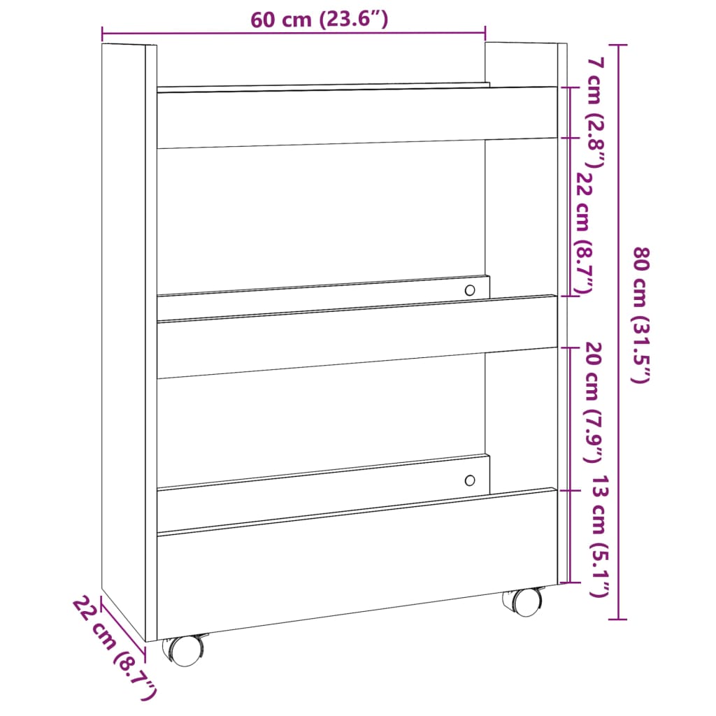 Narrow Storage Trolley 3 Tier White Wood Based Material
