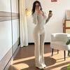 Damen 2-teilige Trainingsanzüge Reißverschluss Kapuzenpullover und Schlaghosen Gerippte Strick-Outfits Sexy Bodycon Workout-Trainingsanzüge