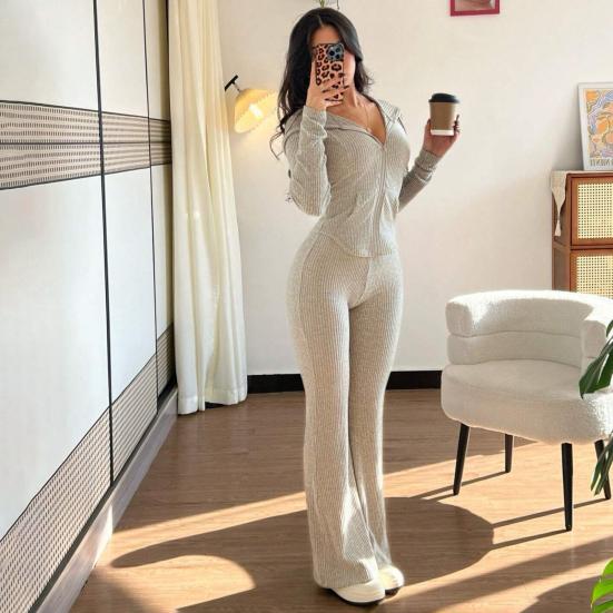 Damen 2-teilige Trainingsanzüge Reißverschluss Kapuzenpullover und Schlaghosen Gerippte Strick-Outfits Sexy Bodycon Workout-Trainingsanzüge