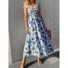 Women's Floral Print Tie Strap Midi Dress Square Neck Smocked Bust