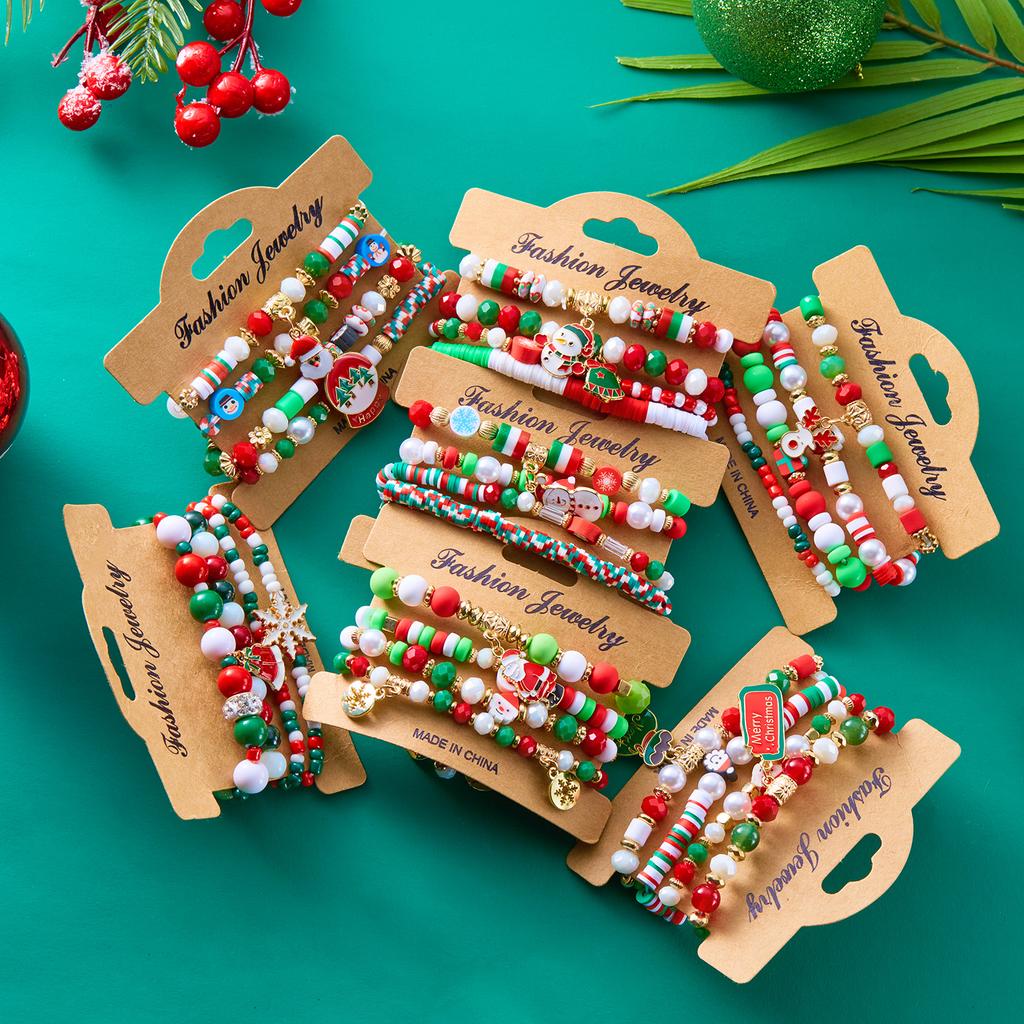4pcs/set Christmas Series Beaded Bracelet Santa Claus Snowman Snowflake Elk Elastic Beads Bangles Girl Xmas New Year Charm Gifts