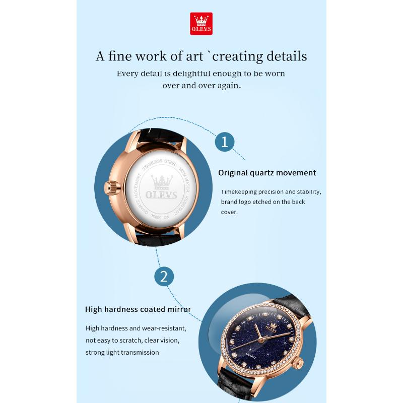 OLEVS Women's Watches Elegant Fashion Quartz Wristwatch for Ladies Diamond Scale Starlight Dial Waterproof Luminous Leather Wristwatch