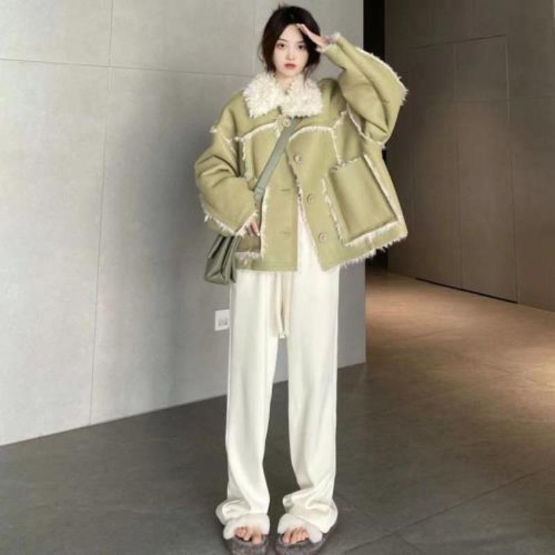 

Меховая интегрированная куртка женская одежда локомотивного типа приталенная и теплая из искусственного меха под овчину зимняя XL оливковое зеленый