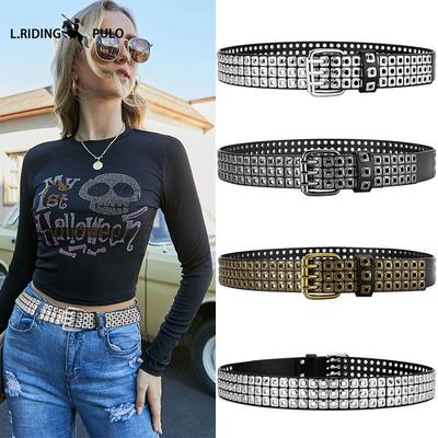New European and American Rivet Three-row Eyelet Punk Belt PU Belt Men and Women Hash Personality Trend Belt
