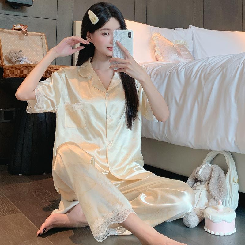 Light Luxury Solid Color High-End Lace Light Luxury Ice Silk Pajamas Women'S Summer Short-Sleeved Trousers Loungewear Set