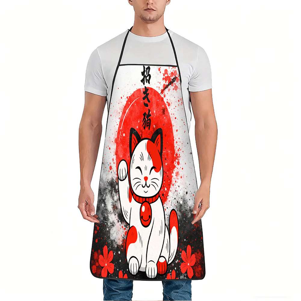 Maneki Neko Apron, Lucky Cat with Red Sun and Cherry Blossoms, Chinese Character Fortune Pattern, Multiple Sizes Available