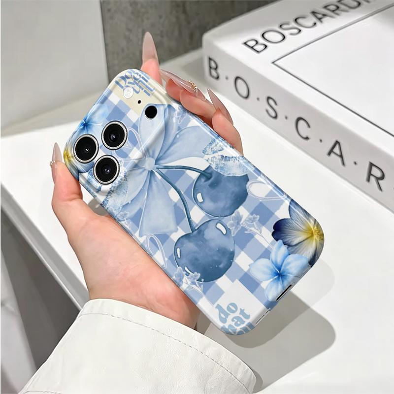 Chic Blue Checkered Cherry Bow Decorative Art Graphic Film Aesthetic Protective Shockproof Bumper Phone Case Cover For iPhone 14 15 16 17 Pro Max Plus