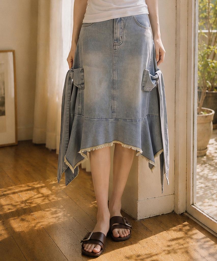 Top Girl Ribbon Pocket Cutout Denim Skirt_T613De405