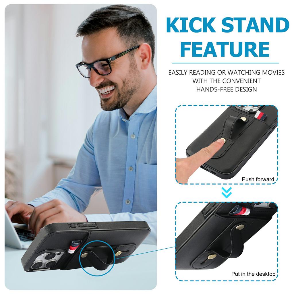 For iPhone 16 Pro Max Case PU Leather+TPU Hidden Card Holder Drop-proof Phone Cover with Kickstand