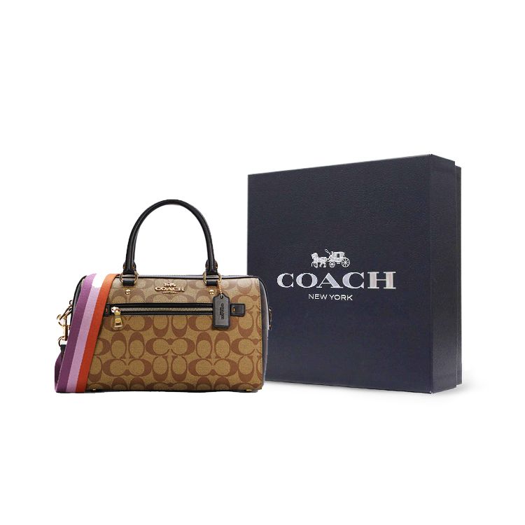Coach Rowan 27 Classic Monogram Colorful Strap Canvas And Leather Boston Bag Women shoulder bag Brown C7240-IMNOX