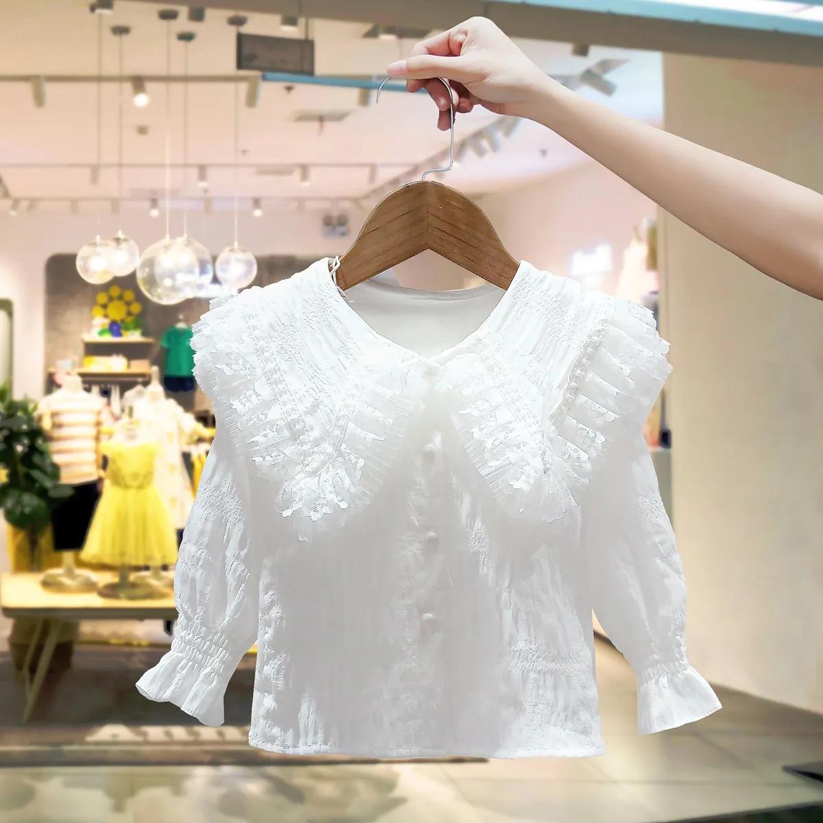 

Girls Spring and Autumn Long Sleeve Lace T-shirt Solid Color Cute Fresh Pullover Tops 160 белый