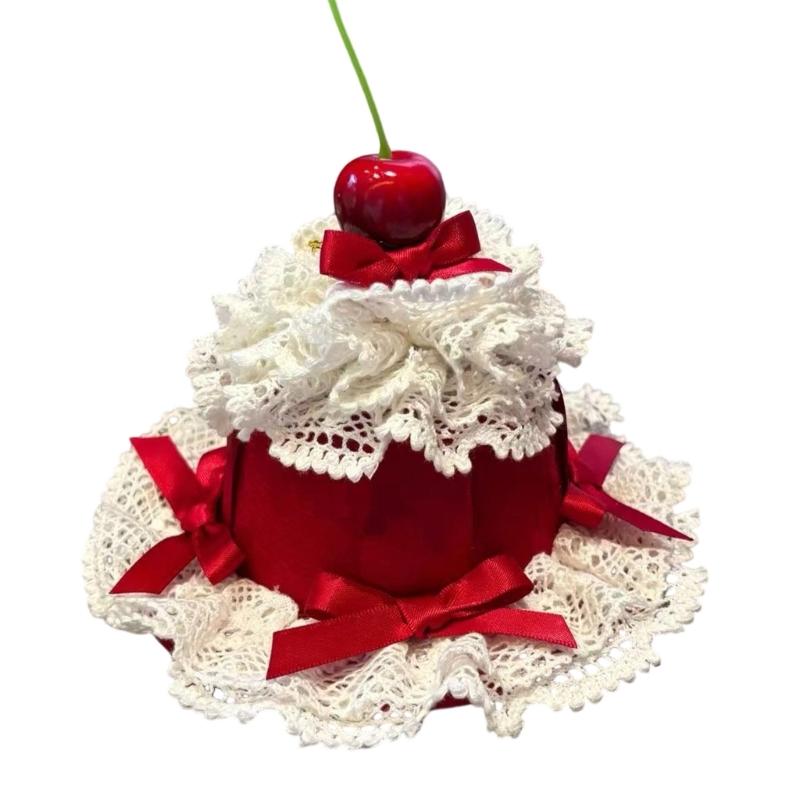 Lace Trim Cherry Cake Hair Clip For Little Girl Soft Fabric Bowknot Hat Barrette Kids Party Dressingup Accessories