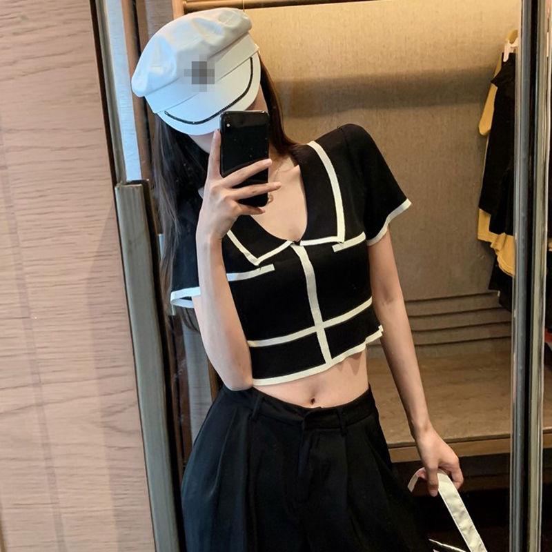 Summer Retro Color Block Knit Top with Turn-Down Collar - Slim Fit Ice Silk Short Sleeve Crop T-Shirt